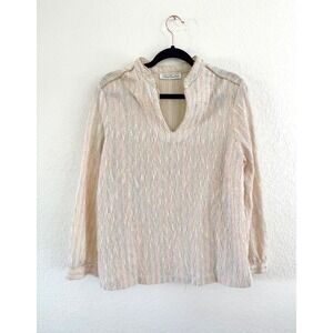 Vintage Tweed Multi Color Metallic Thread Blouse V Neck Long Sleeve Women